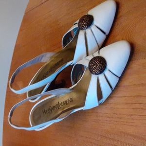 Vtg YvesSaintLaurent Open Heel Pump Sz 7M White Leather Shoe